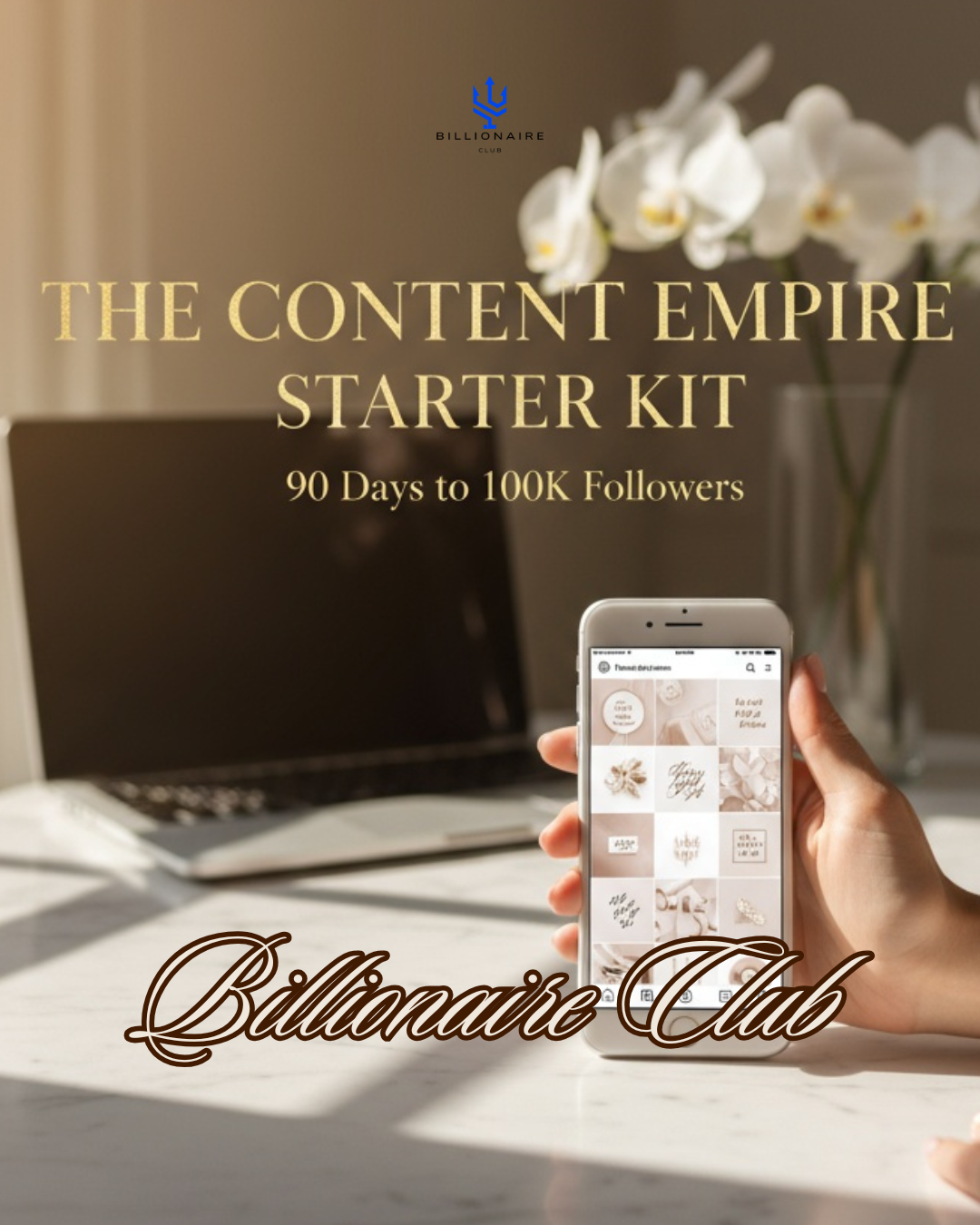 Promotional image for 'The Content Empire Starter Kit' with a phone, laptop, and flowers.