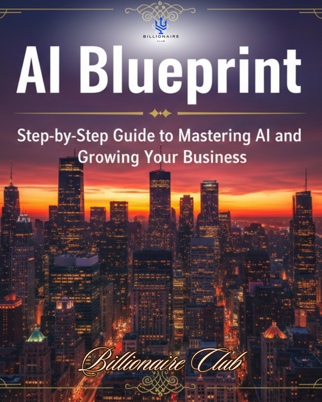 Luxurious e-book cover with realistic cityscape background at sunset, warm lights, and gold accents. Title reads "AI Blueprint – Step-by-Step Guide to Mastering AI and Growing Your Business" in white and gold fonts. Professional and elegant design.