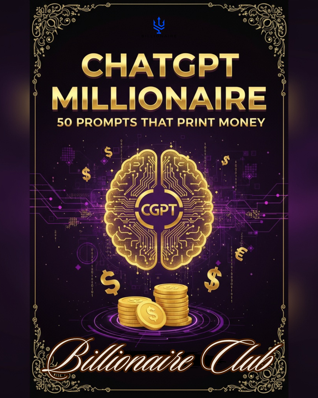 Book cover of 'ChatGPT Millionaire' with a brain and money design on a dark background