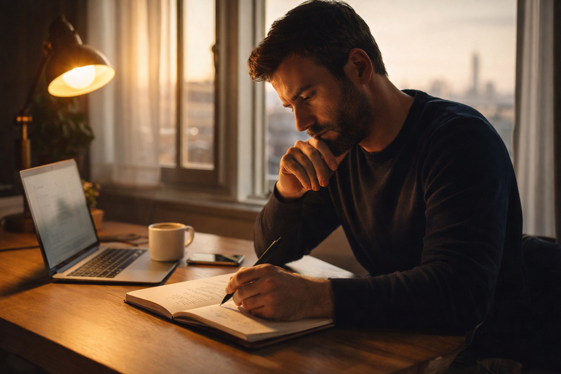 Focused professional writing in a notebook at a desk during golden hour, representing mindset, discipline, and personal growth.