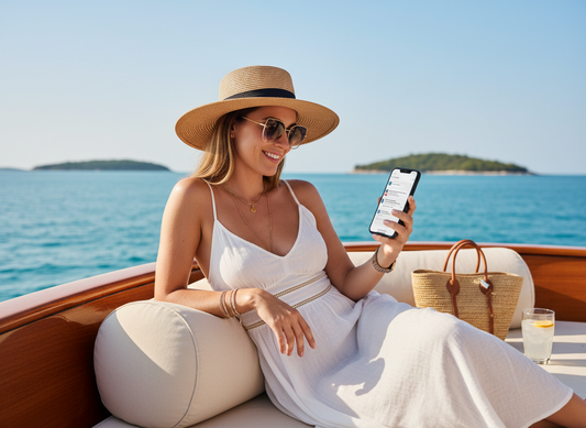 Young stylish woman using smartphone with ChatGPT, relaxing on a luxury yacht, blue sea and sky, luxury digital nomad lifestyle