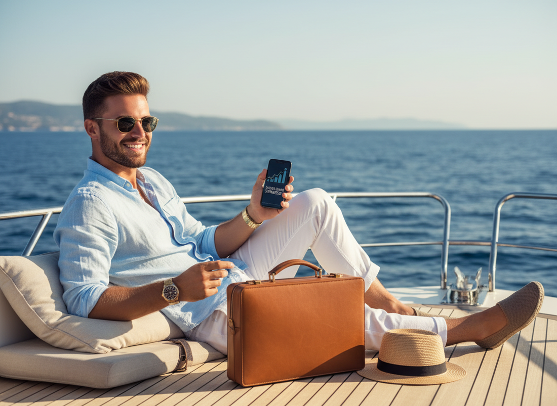 Young successful man working on passive income with smartphone, relaxing on luxury yacht, blue sea, luxury lifestyle