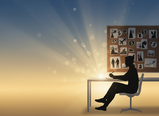 Person journaling at a desk during sunrise with soft light rays and a calm gradient background, representing the Law of Attraction and manifestation practice
