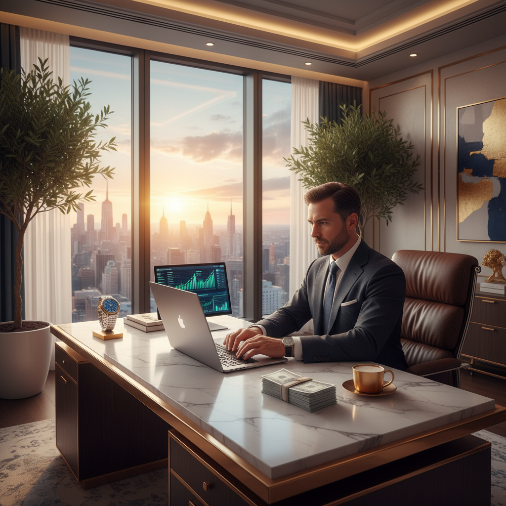 Successful entrepreneur making money with AI tools in luxury penthouse office - ChatGPT passive income workspace with city view