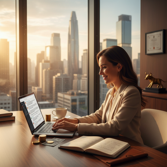 Professional entrepreneur using ChatGPT to make money online, working on laptop in luxury home office with city skyline view, morning golden hour lighting, wealth-building concept