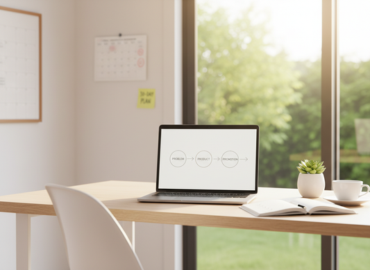 Bright home office desk with a laptop showing a simple passive income system flow and a notebook with a 30-day plan.