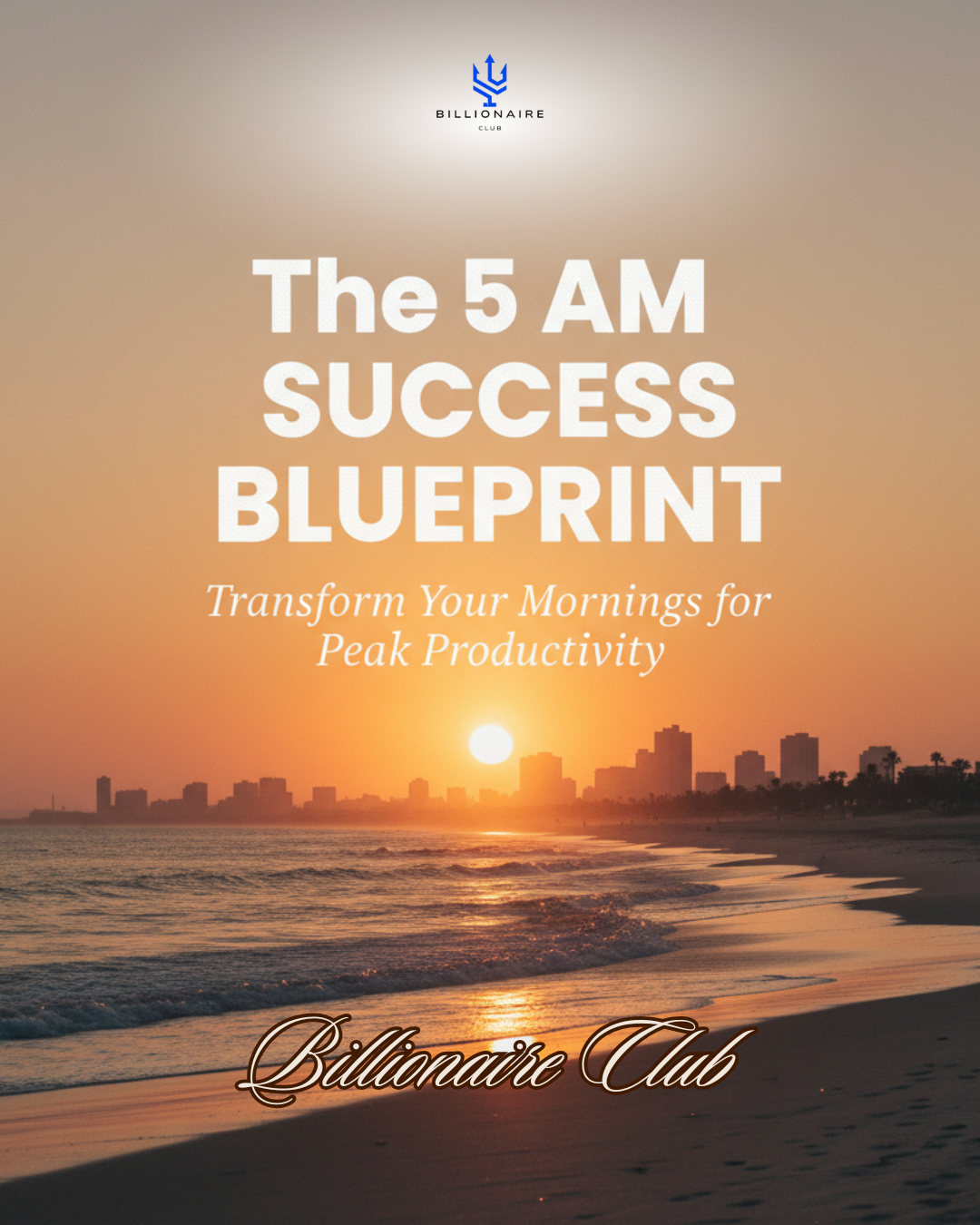 Clean and professional e-book cover with warm sunrise background over city skyline. Title reads "The 5 AM Success Blueprint | Morning Routine for Peak Productivity" in bold white and elegant gold fonts. Minimalist and inviting design.