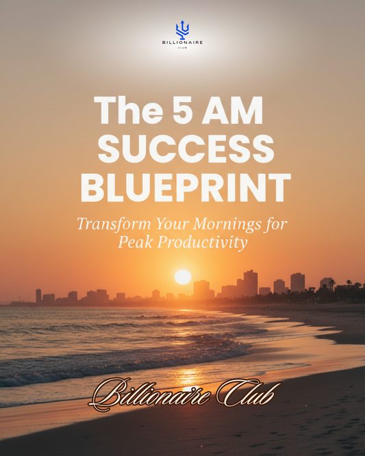 Clean and professional e-book cover with warm sunrise background over city skyline. Title reads "The 5 AM Success Blueprint | Morning Routine for Peak Productivity" in bold white and elegant gold fonts. Minimalist and inviting design.
