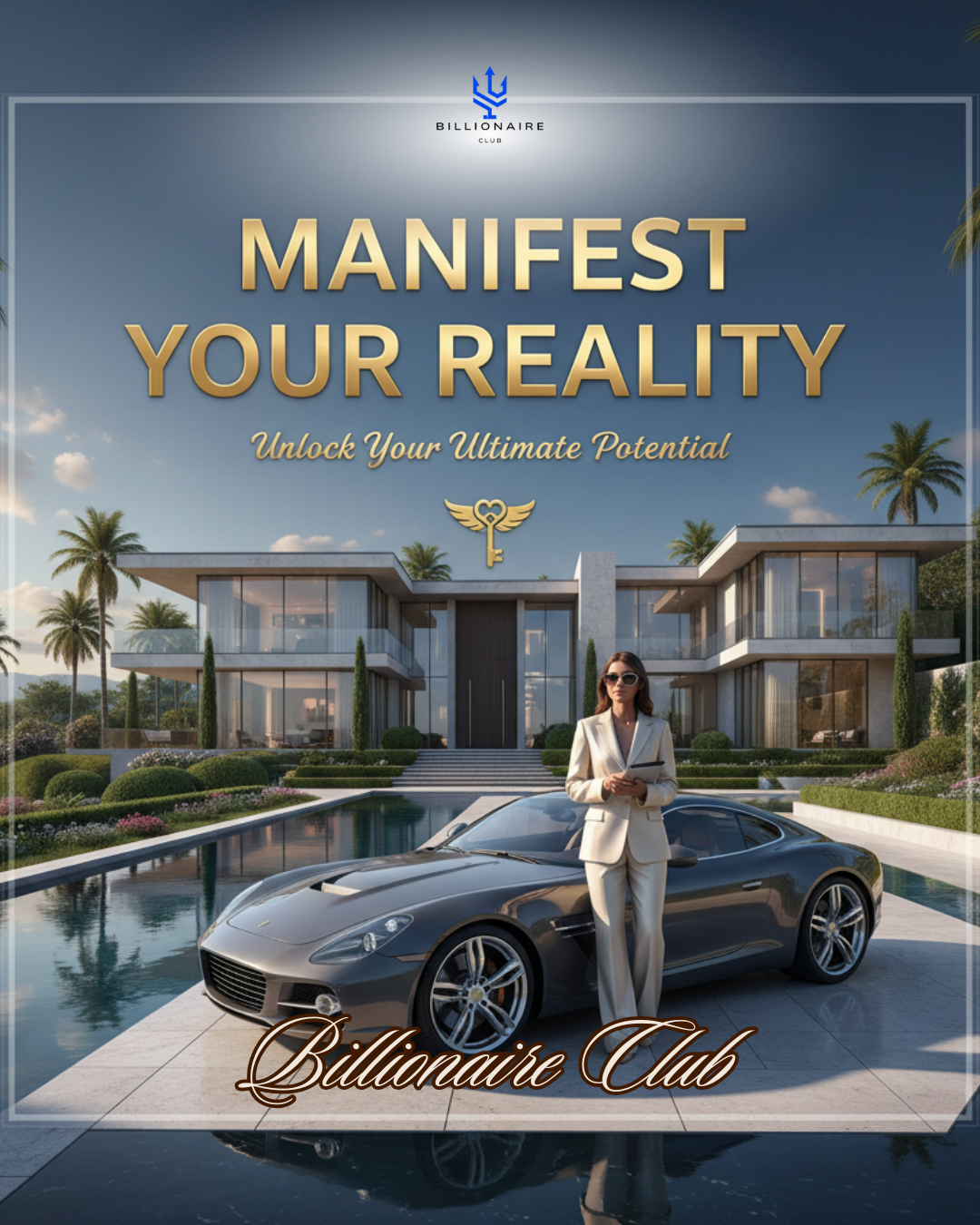 Book cover for "Manifest Your Reality" showing a confident, stylish person standing in front of a modern luxury mansion and sleek car, symbolizing wealth, success, and high-end lifestyle.