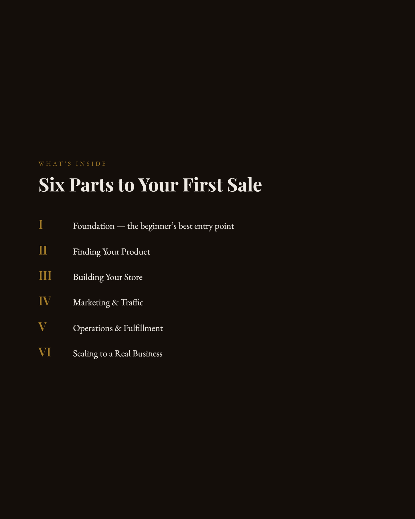 "The AI Storefront Playbook table of contents — six parts to your first online store"