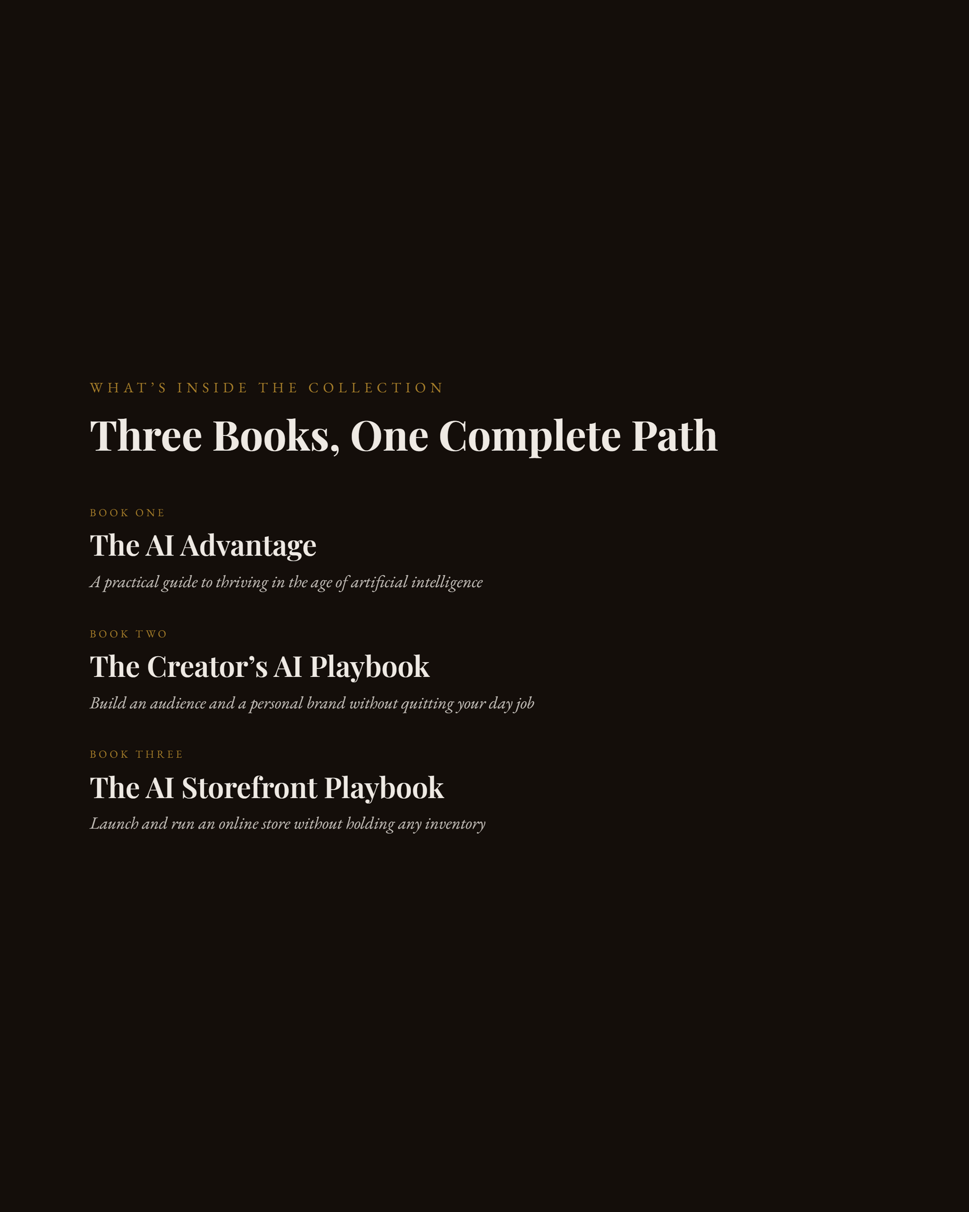 "Billionaire AI Bundle contents — The AI Advantage, The Creator's AI Playbook, and The AI Storefront Playbook"