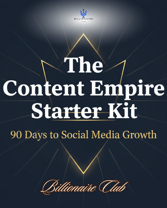 
Elegant e-book cover with dark blue background and gold accents. Title reads "The Content Empire Starter Kit: 90 Days to Social Media Growth". Minimalist, professional design.