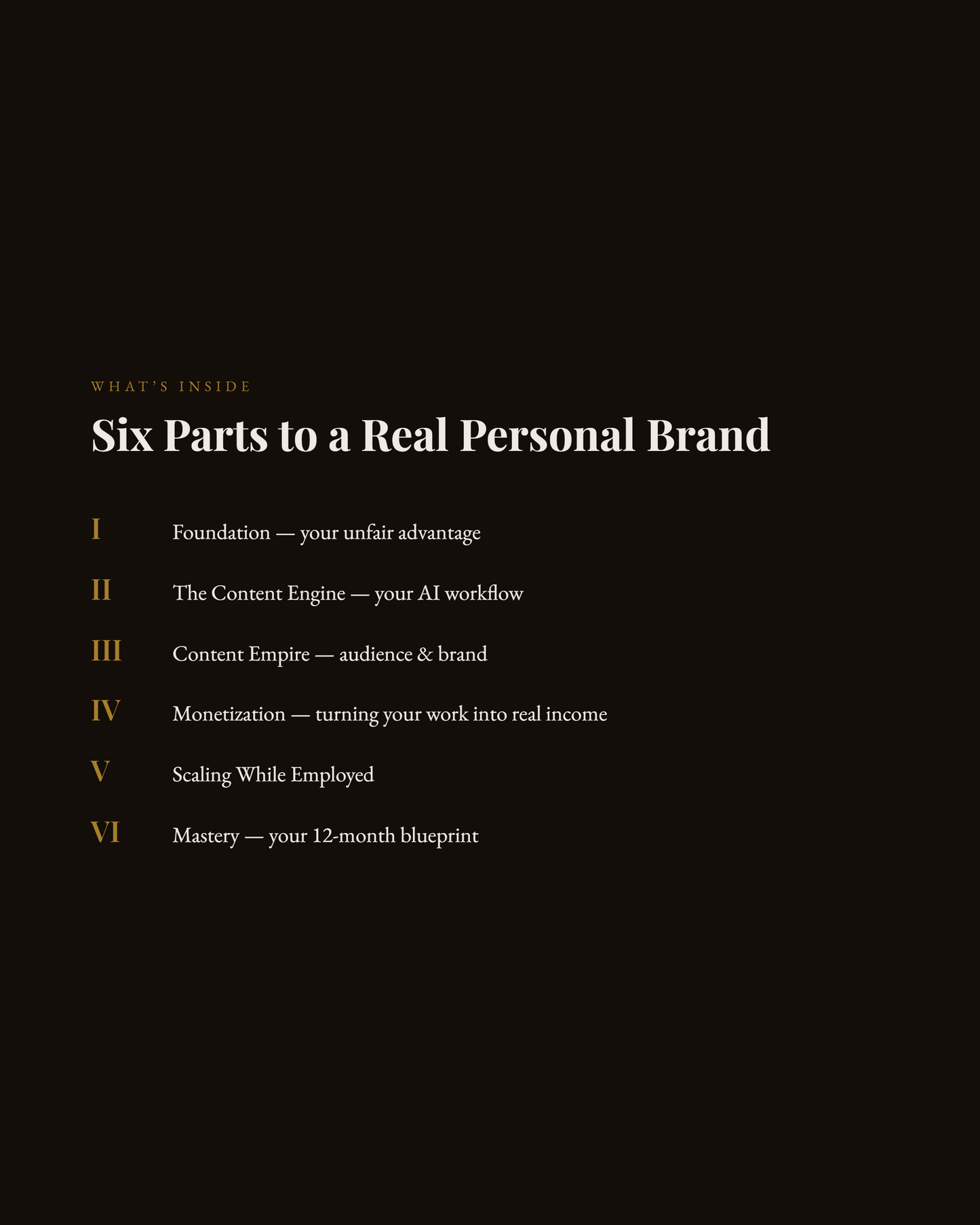 The Creator's AI Playbook table of contents — six parts to building a personal brand"