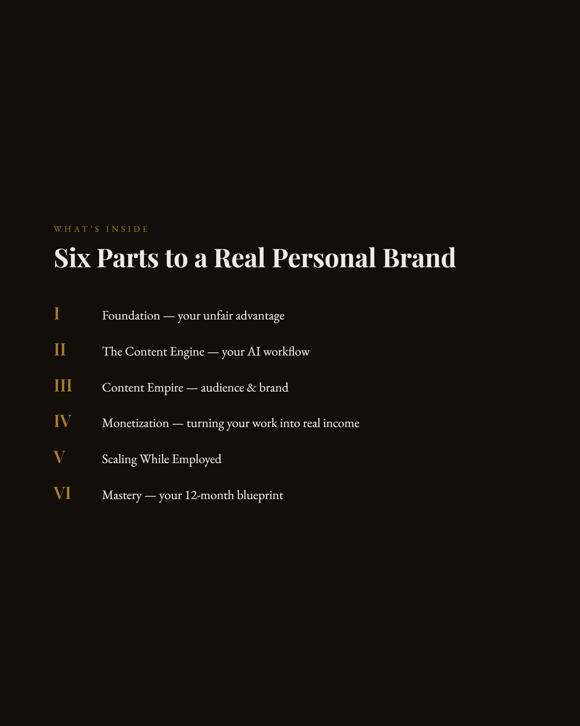 The Creator's AI Playbook table of contents — six parts to building a personal brand"