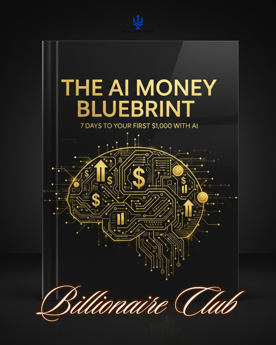 Book cover of 'The AI Money Blueprint' with brain and circuit design on a dark background