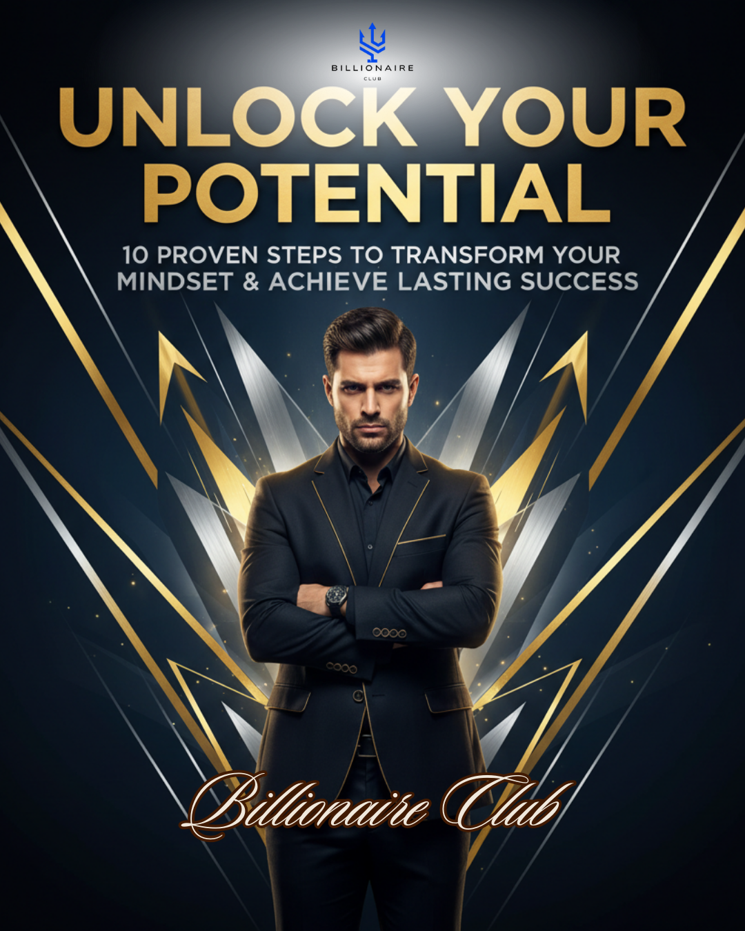 Cover of the e-book "Unlock Your Potential: 10 Proven Steps to Transform Your Mindset & Achieve Lasting Success" featuring a confident, determined person with a dark navy background and gold accents, symbolizing personal growth and professional success